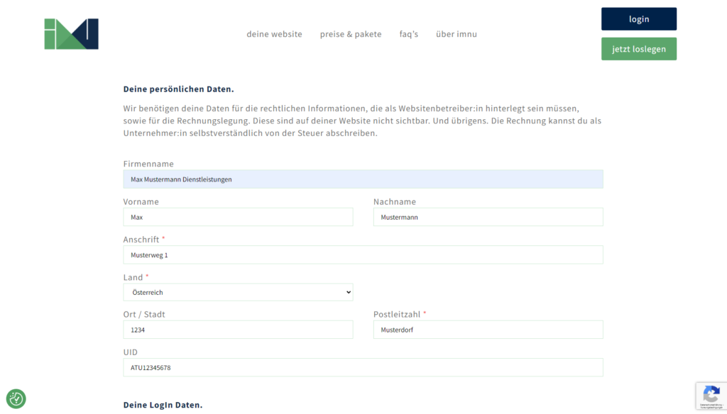 Screenshot Schritt 1 von imnu dem Website-Baukasten. Registrierung deiner imnu-website