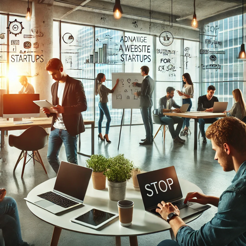 Ein modernes Büro mit einem Team junger Fachleute, die an Laptops und Tablets zusammenarbeiten. Das Büro hat ein helles und offenes Design mit großen Fenstern, modernen Möbeln und einem Whiteboard mit Diagrammen, die sich auf Startups beziehen. Die Atmosphäre ist energiegeladen und konzentriert, was die Vorteile der Nutzung eines Website-Baukastens für Startups widerspiegelt.